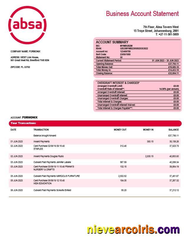 Absa Bank company checking account statement